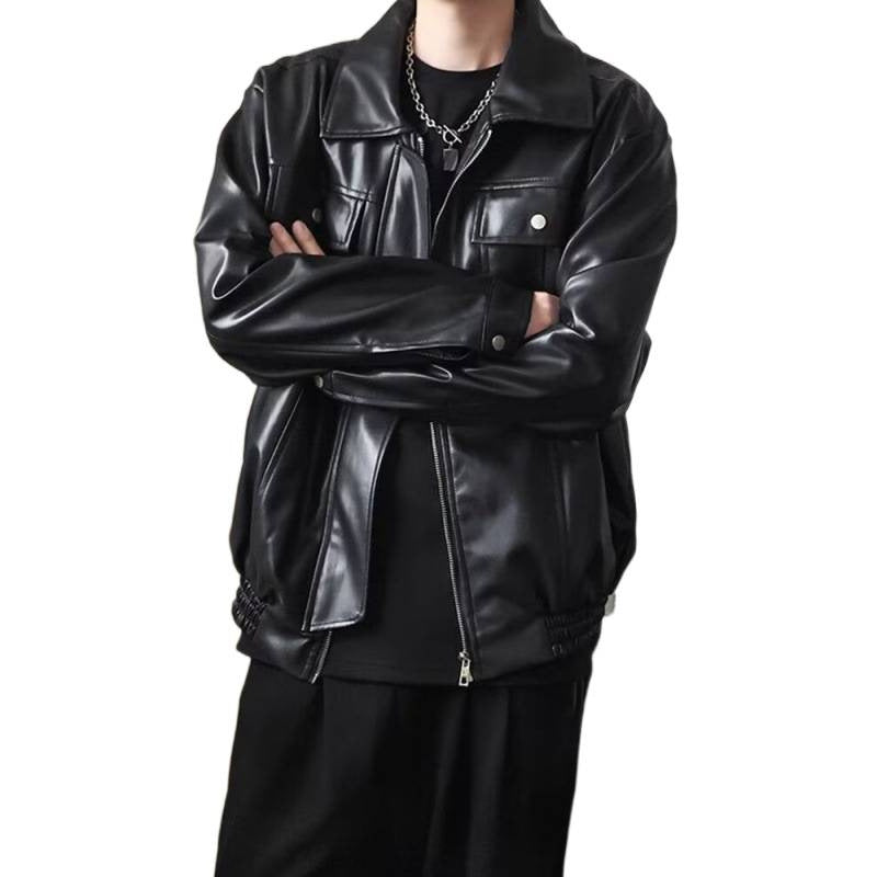 Men's Short Cropped Oversized Faux Leather Utility Jacket with Chest Flaps and Full-Length Zipper Mune Fashion