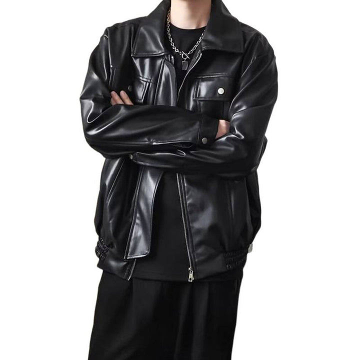 Men's Short Cropped Oversized Faux Leather Utility Jacket with Chest Flaps and Full-Length Zipper Mune Fashion