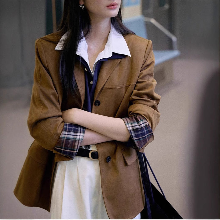 Women Fashionable Wool Blazer with Deep V-Neck Mune Fashion