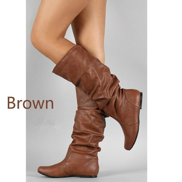 Women's casual knee-high slouch boots with flexible shaft and flat heel Mune Fashion