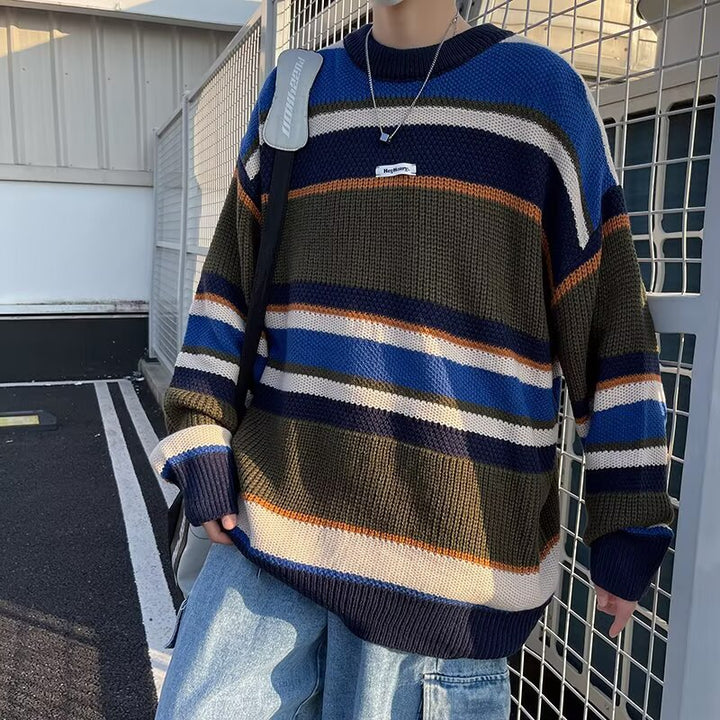 Men's Casual Chunky Knit Sweater with Colorful Stripe Pattern Mune Fashion