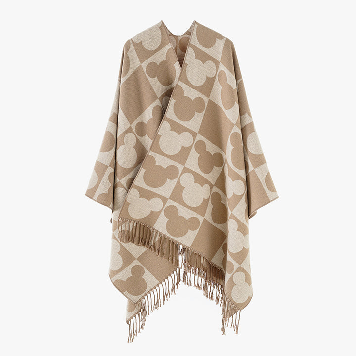 Women Oversize Poncho with Fringes and Figurative Jacquard Pattern made of Wool Blend Mune Fashion
