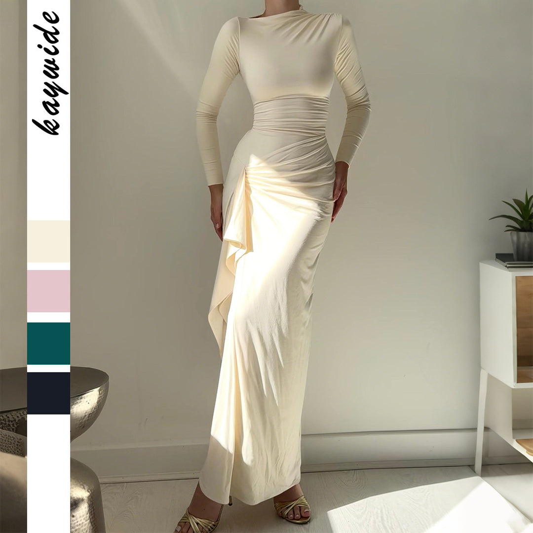 Women's ruffled maxi dress with long sleeves, waist-defining stretch fit and side ruffle detail Mune Fashion