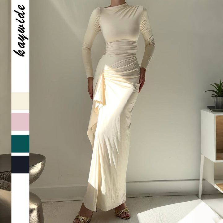 Women's ruffled maxi dress with long sleeves, waist-defining stretch fit and side ruffle detail Mune Fashion