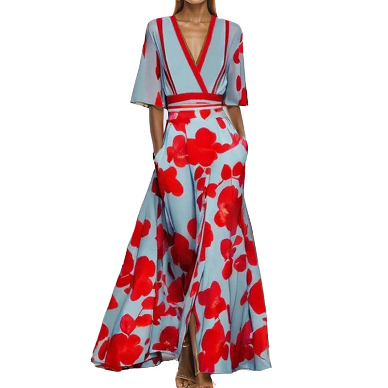 Women's maxi dress with wrap top, waist belt, and flowing satin skirt Mune Fashion