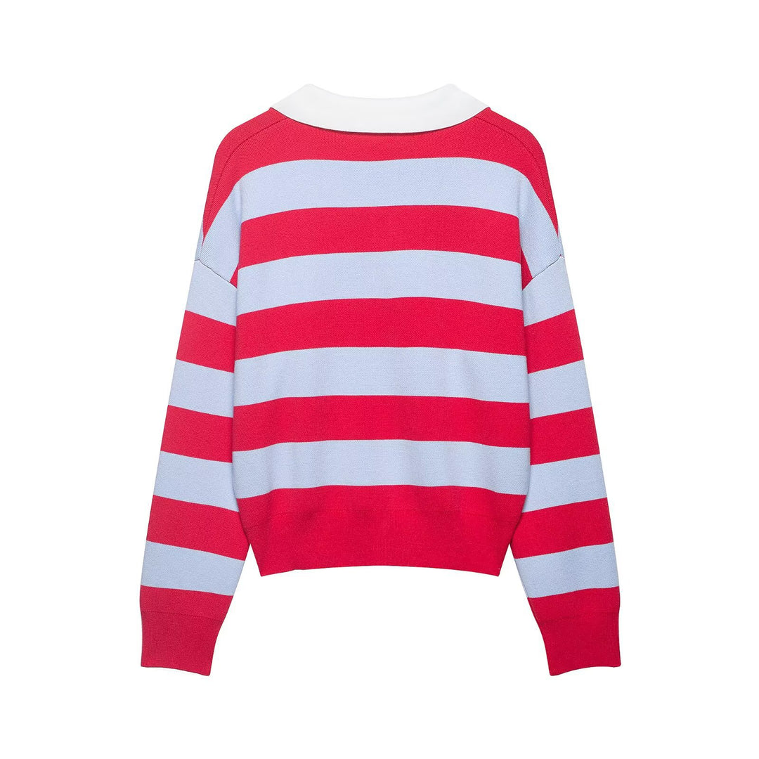 Women's Striped Rugby Sweater with Open Polo Collar Mune Fashion