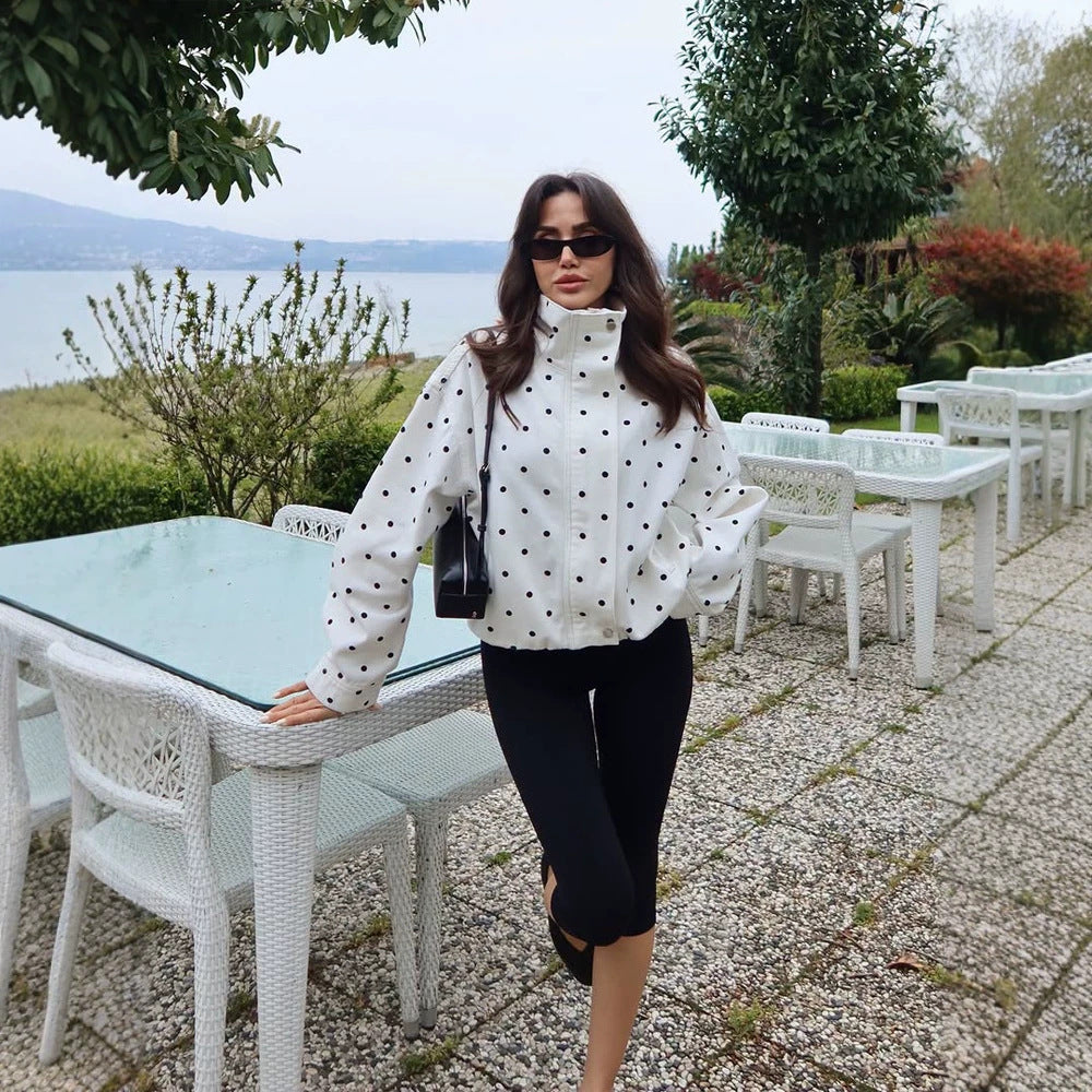 Women's Oversize Blouson with Stand-Up Collar and Polka Dot Print Mune Fashion