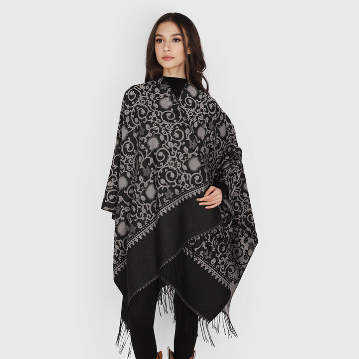 Women's Jacquard Ruana with ornamental border pattern and fringe hem Mune Fashion