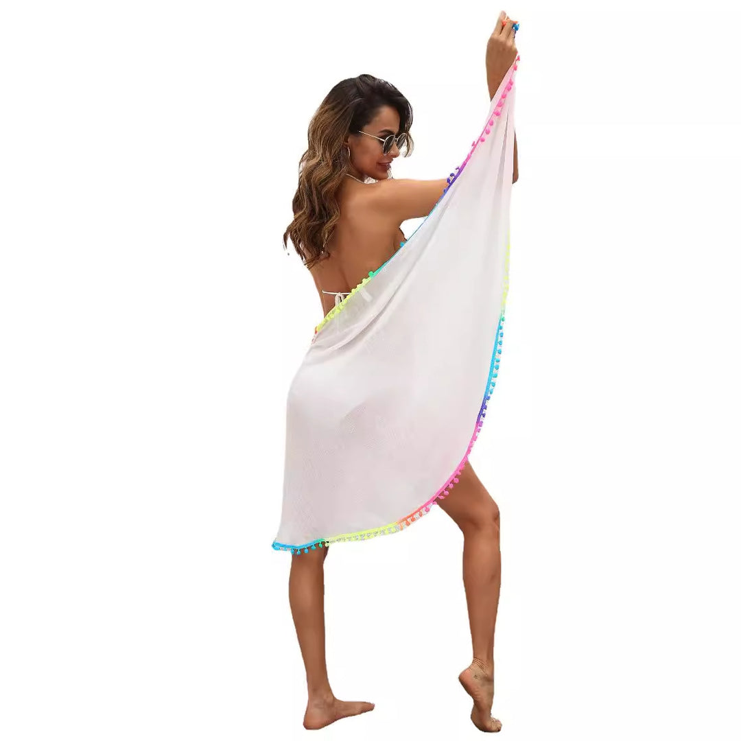 Ladies elegant beach cover-up with colorful pom-pom trim Mune Fashion