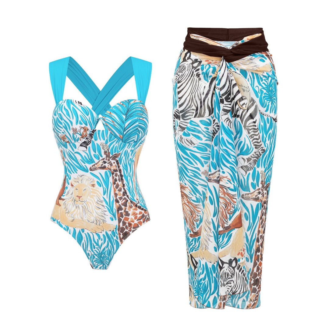 Women's One-Piece Swimsuit with Animal Print and Elegant Waistline Mune Fashion