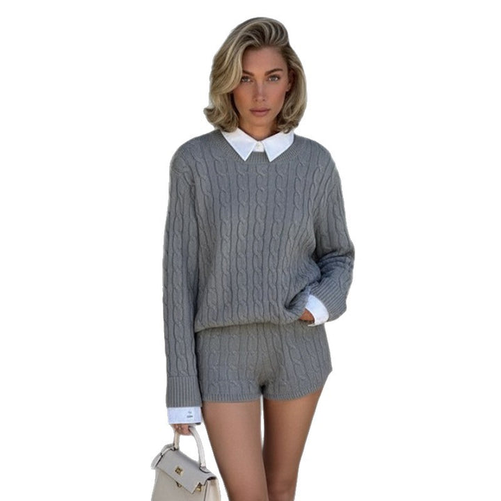 Women’s cable knit set with oversized sweater, contrasting shirt collar, and high waist shorts Mune Fashion