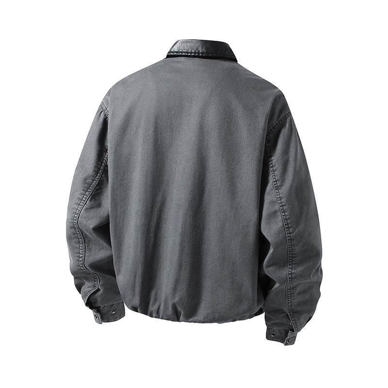 Men's Boxy-Denim Overshirt Jacket with Leather Collar, Chest Pocket with Zipper & Elastic Hem Mune Fashion