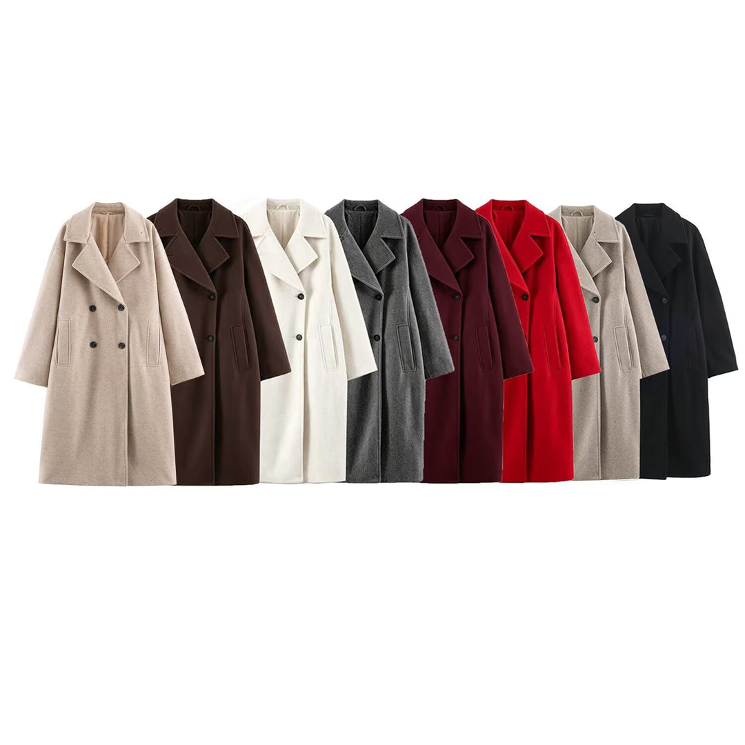 Women Mid-Length Wool Blend Double-Breasted Coat with Wide Lapels and Side Pockets Mune Fashion