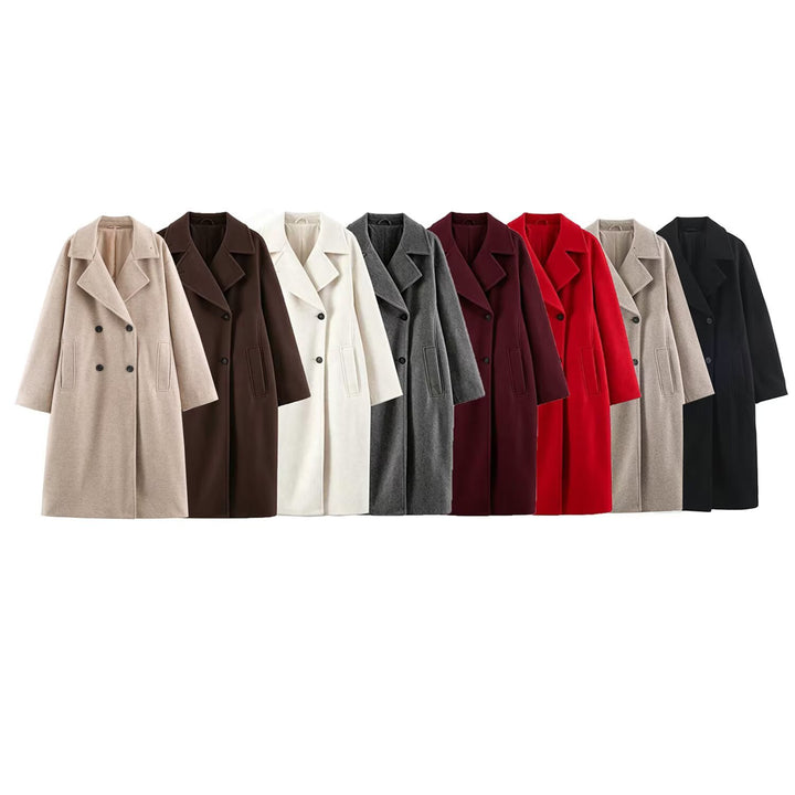 Women Mid-Length Wool Blend Double-Breasted Coat with Wide Lapels and Side Pockets Mune Fashion