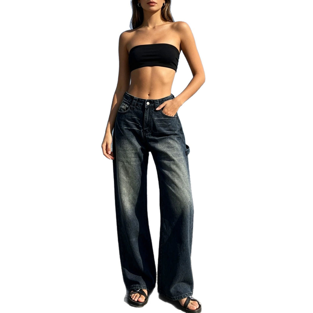 Ladies high-waist carpenter denim pants with utility side pocket and flared leg Mune Fashion