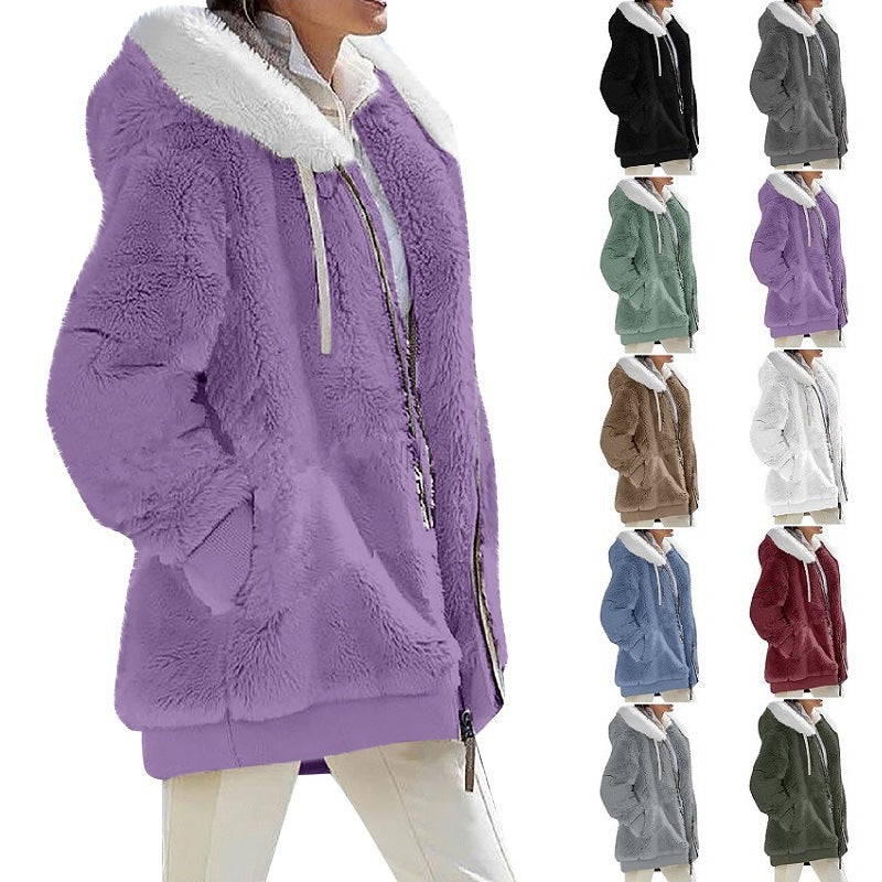 Ladies Cozy Teddy Hoodie Jacket with Contrast Trim, Zipper and Insert Pockets Mune Fashion