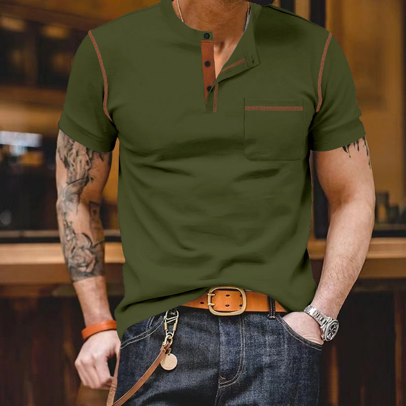 Men's short-sleeve shirt with stand-up collar, half-button placket, and chest pocket Mune Fashion