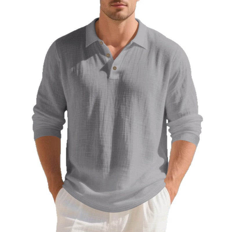 Men's Musselin Long Sleeve Polo Shirt with Collar, Short Button Placket and Natural Button Look Mune Fashion