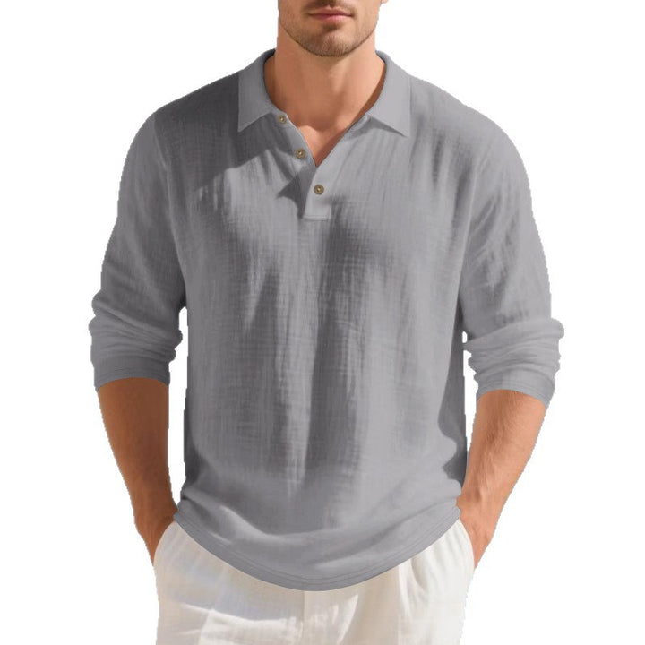 Men's Musselin Long Sleeve Polo Shirt with Collar, Short Button Placket and Natural Button Look Mune Fashion