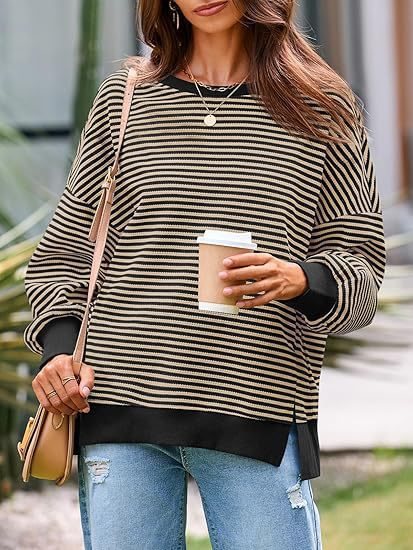 Women Striped Oversize Sweater with Round Neck and Side Slits Mune Fashion