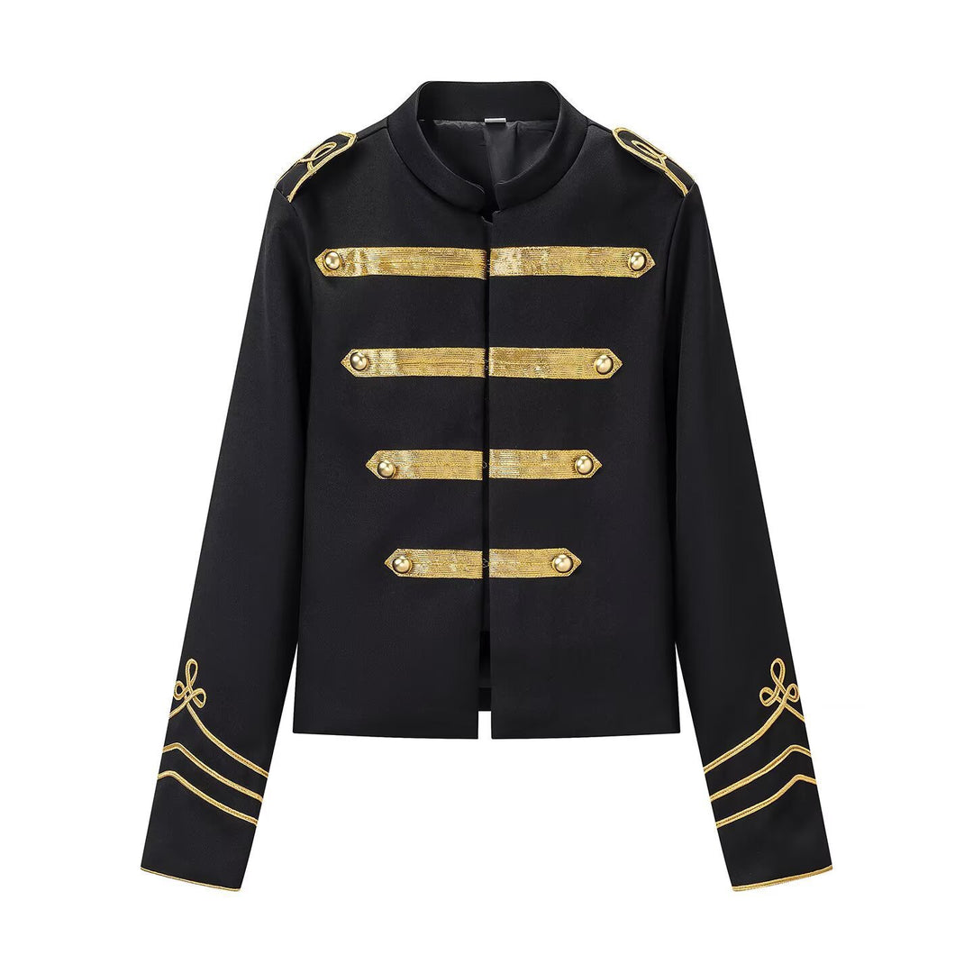 Women's military-inspired short jacket with stand-up collar and golden braid trimmings Mune Fashion