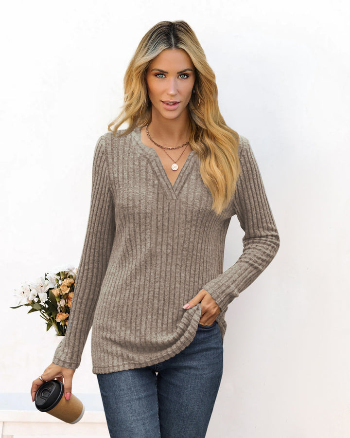 Ladies fine ribbed knit shirt with deep V-neck and tunic length Mune Fashion