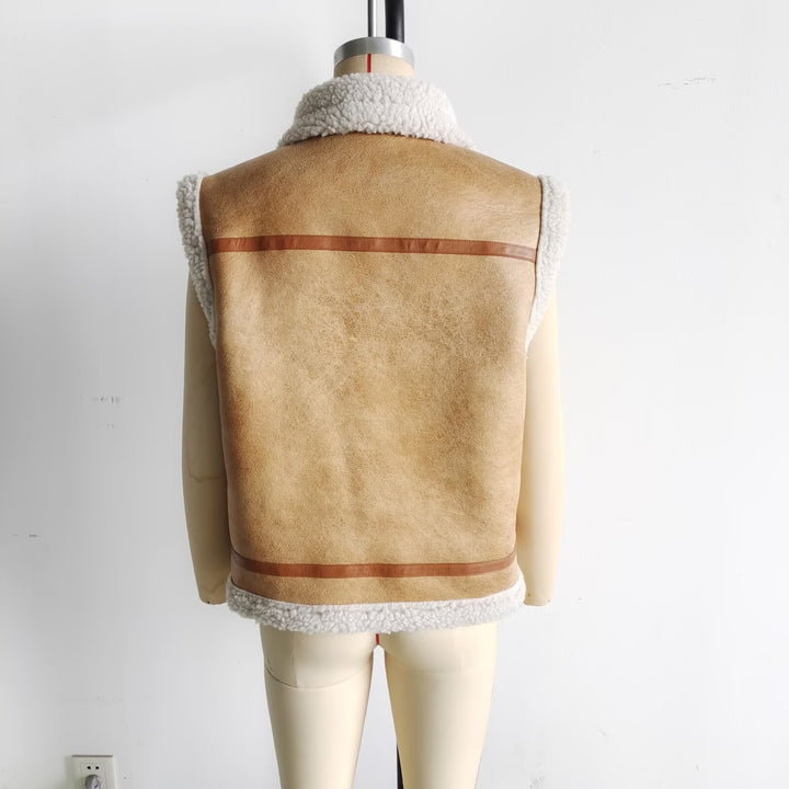 Women nan padded lambskin imitation vest with large Sherpa collar, zipper and side pockets Mune Fashion