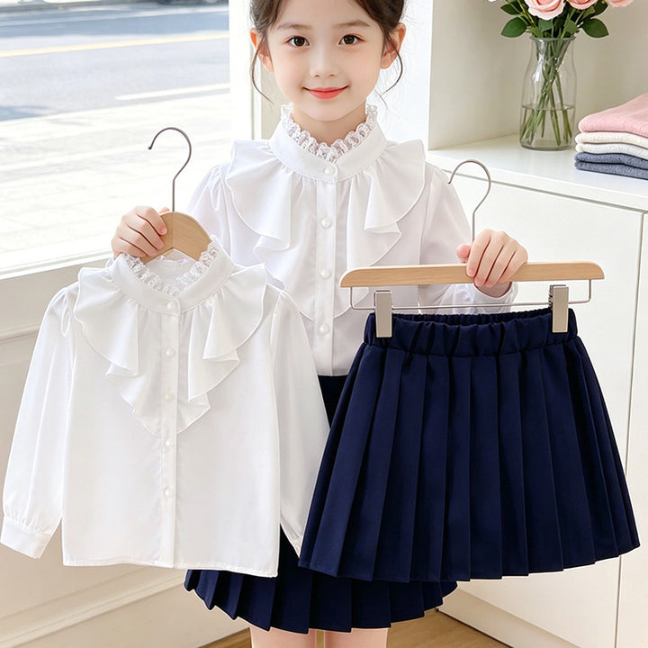 Girls elegant ruffle blouse with collar and matching pleated skirt Mune Fashion