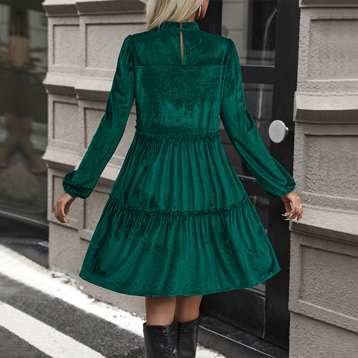 Women's velvet dress with gathered tiered A-line and smocked bodice Mune Fashion