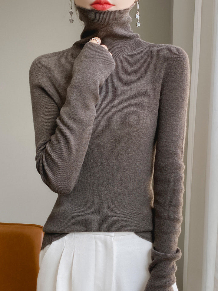 Women Slim Turtleneck Fine Knit Sweater with Elastic Rib Structure and Minimalist Silhouette Mune Fashion