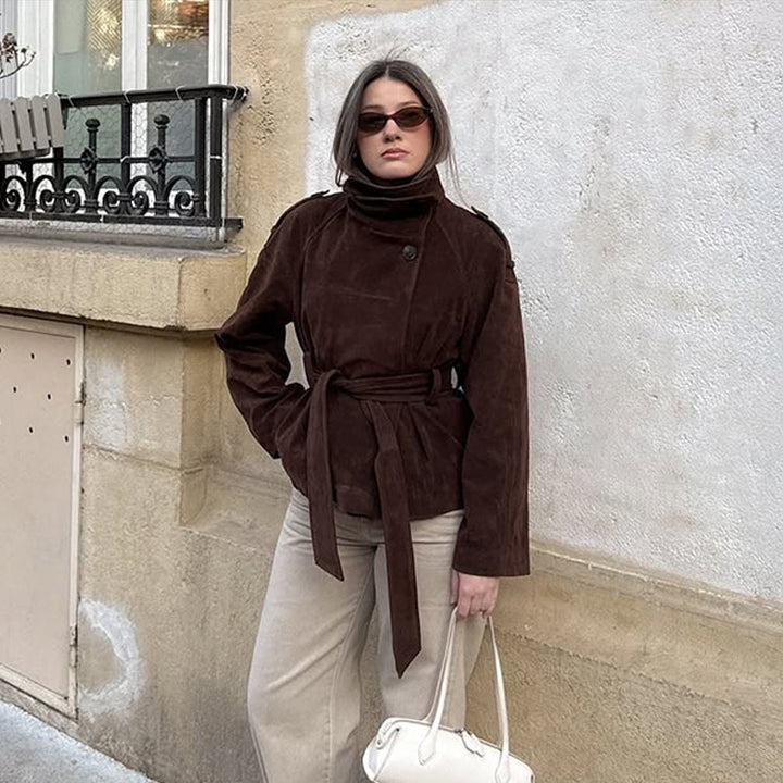 Women's short jacket made of suede with a high stand-up collar and tie belt Mune Fashion