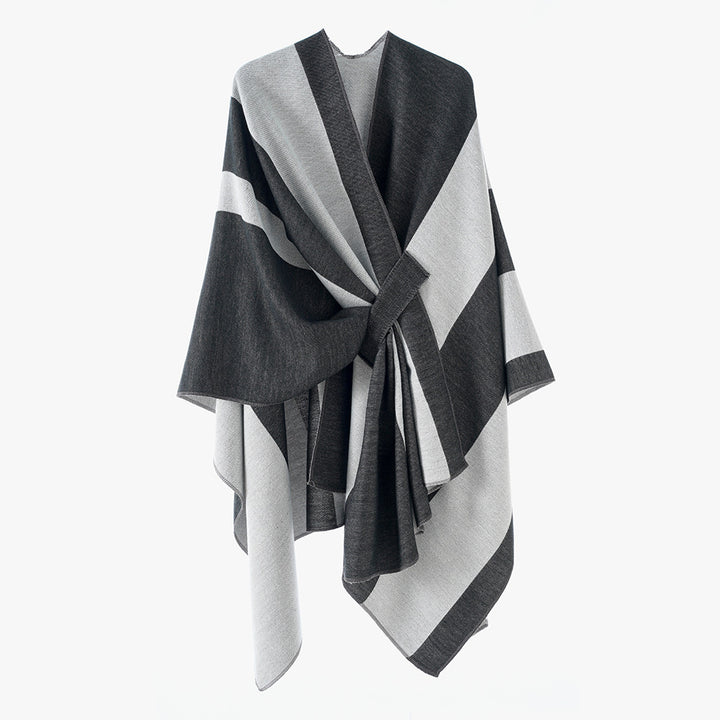 Women Soft Knit Poncho with Belt and Contrast Edge Mune Fashion