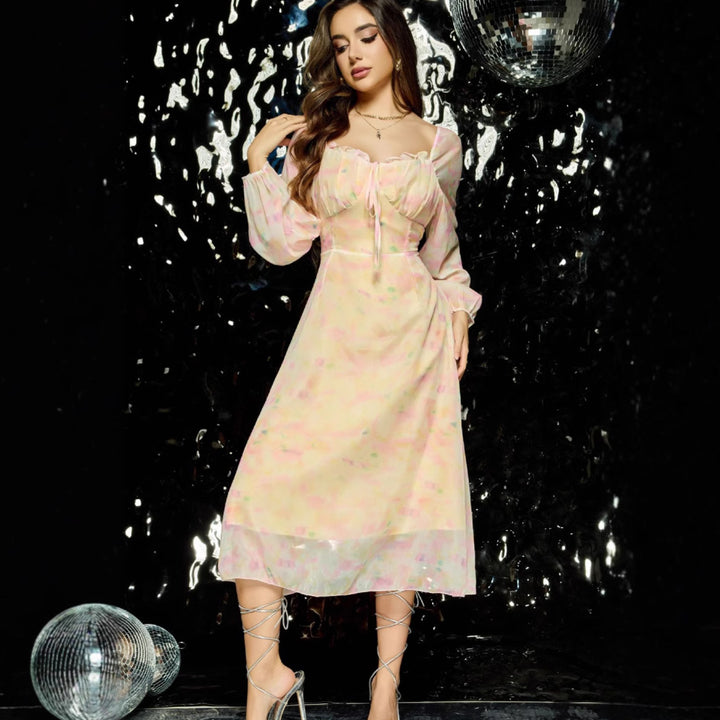 Women's midi dress with corset bustier, balloon sleeves, and A-line skirt Mune Fashion