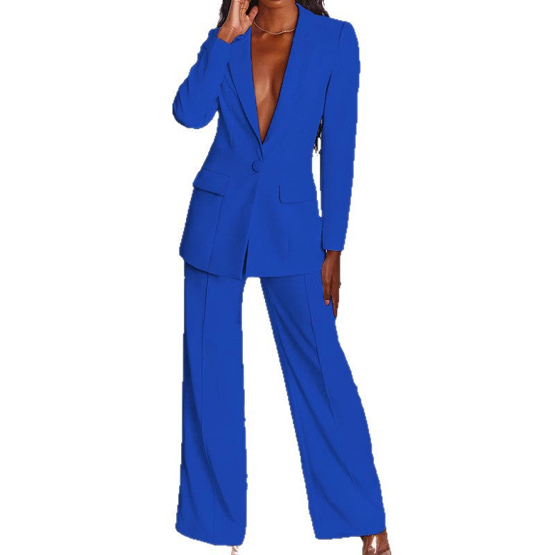 Women's tailored one-button blazer with flap pockets and wide palazzo pants suit Mune Fashion