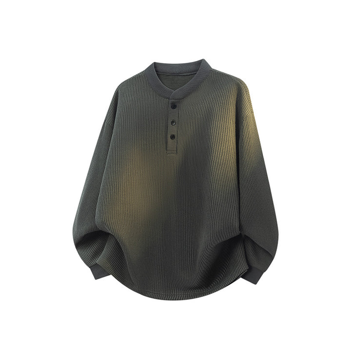 Unisex Loose Fit Waffle Knit Henley Sweater with Stand-Up Collar Mune Fashion
