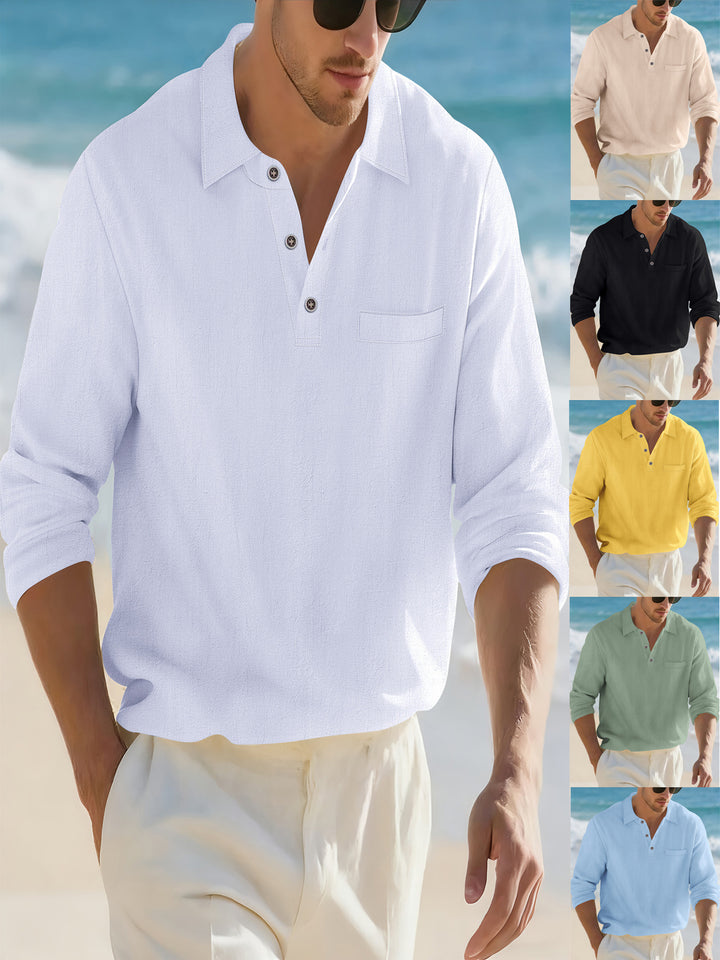 Men's lightweight linen Henley shirt with chest piping and relaxed casual fit Mune Fashion