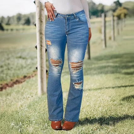 Women's Bootcut Jeans with Knee Rips made of Stretch Denim and Mid Rise Mune Fashion