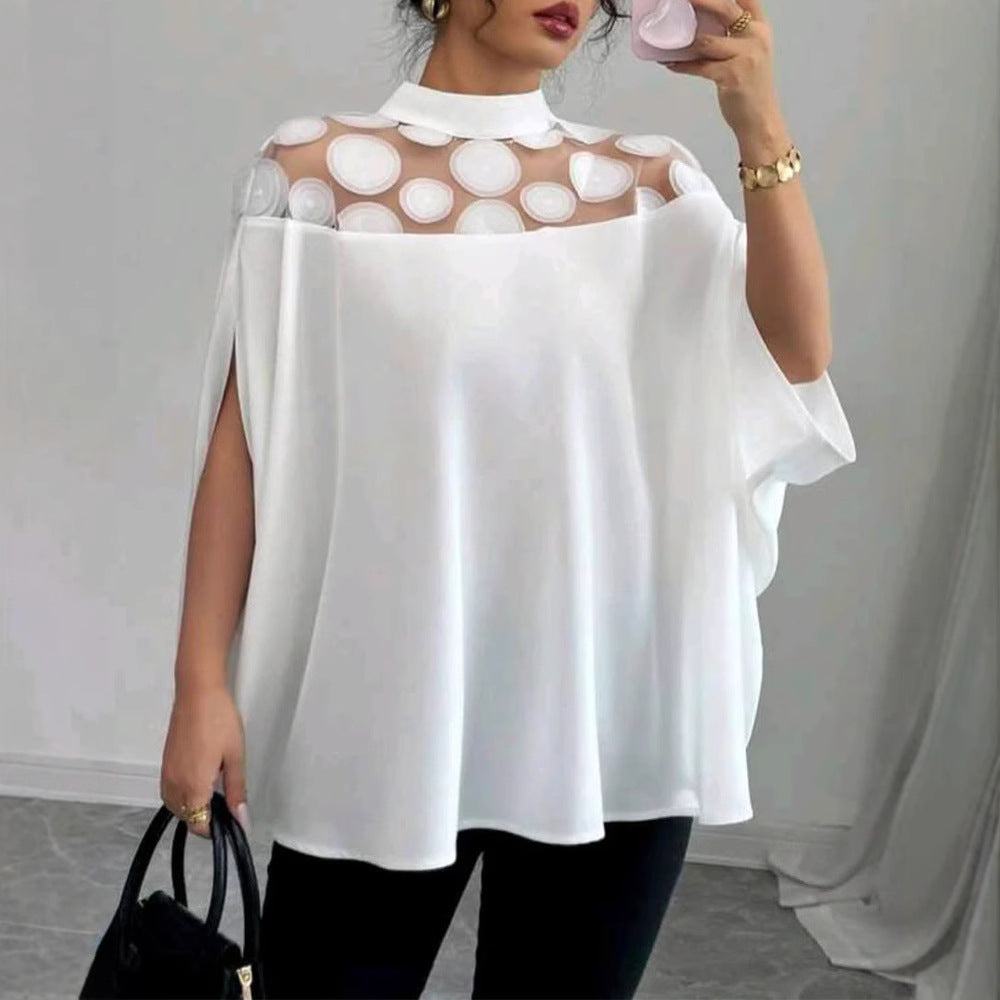 Women’s loose-fitting blouse with transparent round appliqué insert and cape sleeves Mune Fashion
