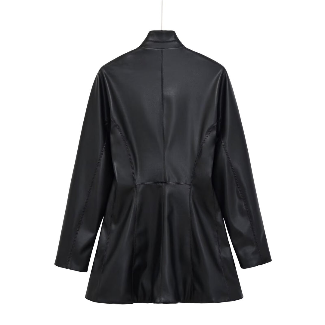 Women's tailored double-breasted faux leather midi coat with shawl collar and patch pockets Mune Fashion