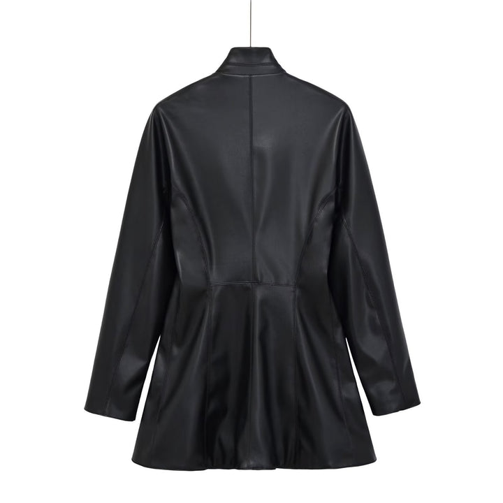 Women's tailored double-breasted faux leather midi coat with shawl collar and patch pockets Mune Fashion