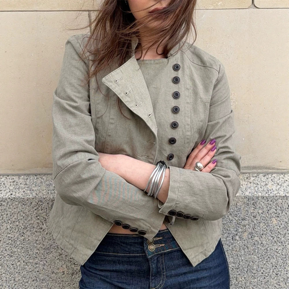 Women Asymmetrical Short Jacket with Double Decorative Button Placket and Stand Collar Mune Fashion