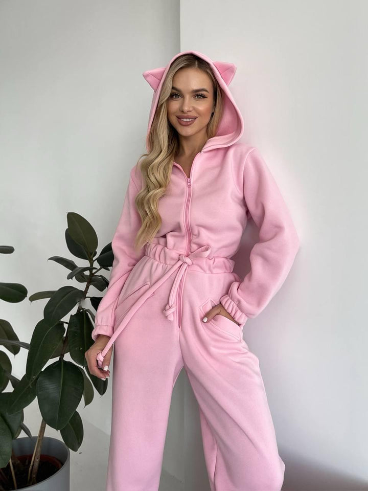 Women Cozy Hooded Overall with Cat Ears and Waist Drawstring Mune Fashion