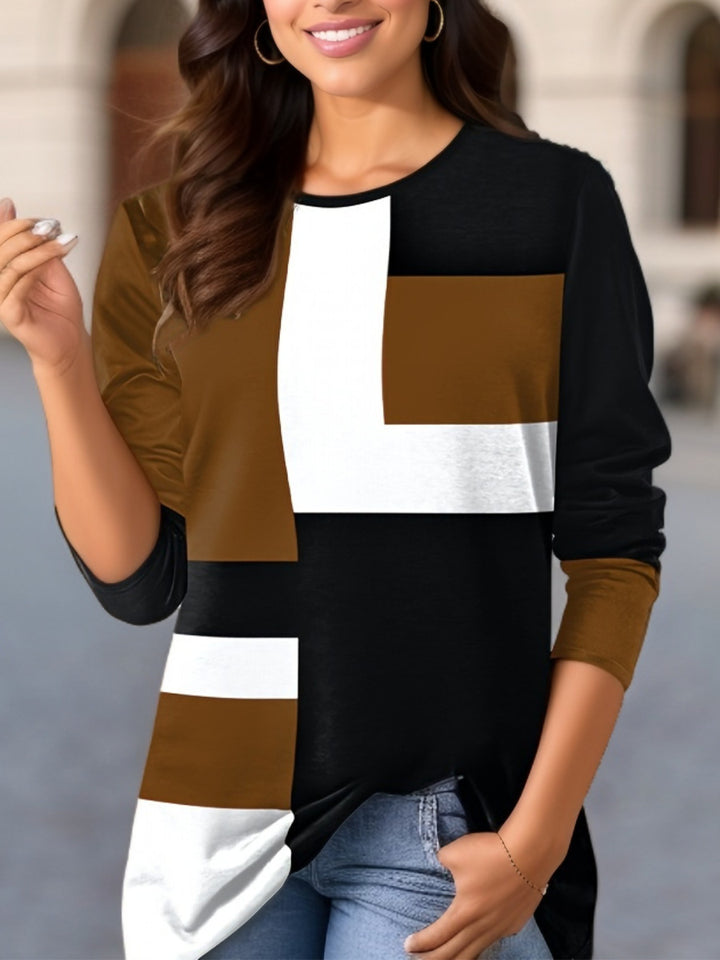 Women's geometric color block long sleeve tunic top with round neck and asymmetrical hem Mune Fashion