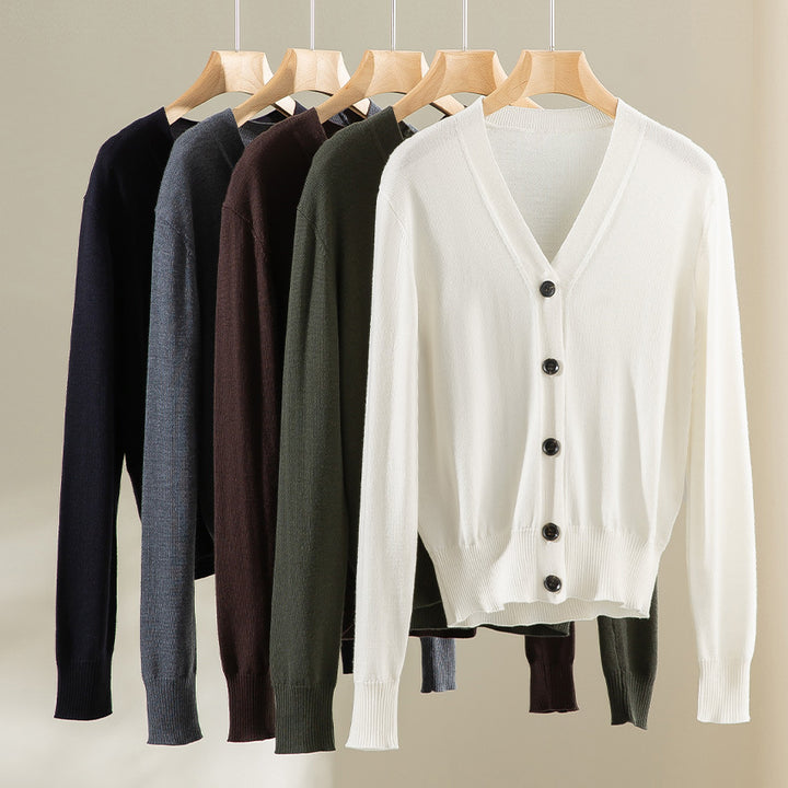 Women's Fine V-Neck Cardigan with Button Placket and Ribbed Hem Mune Fashion
