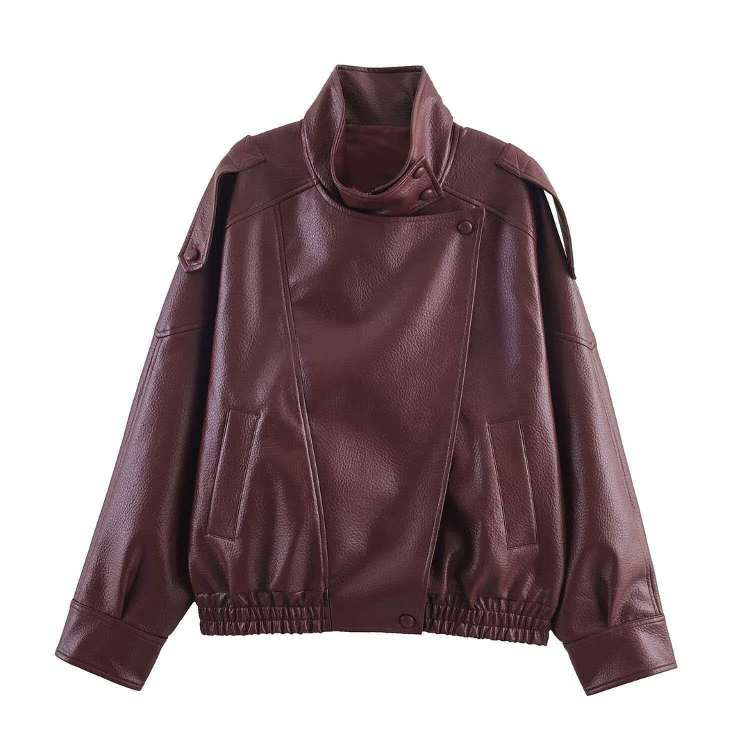 Women's Short Oversized Bomber Jacket in Vegan Leather Look with High Funnel Neck Mune Fashion