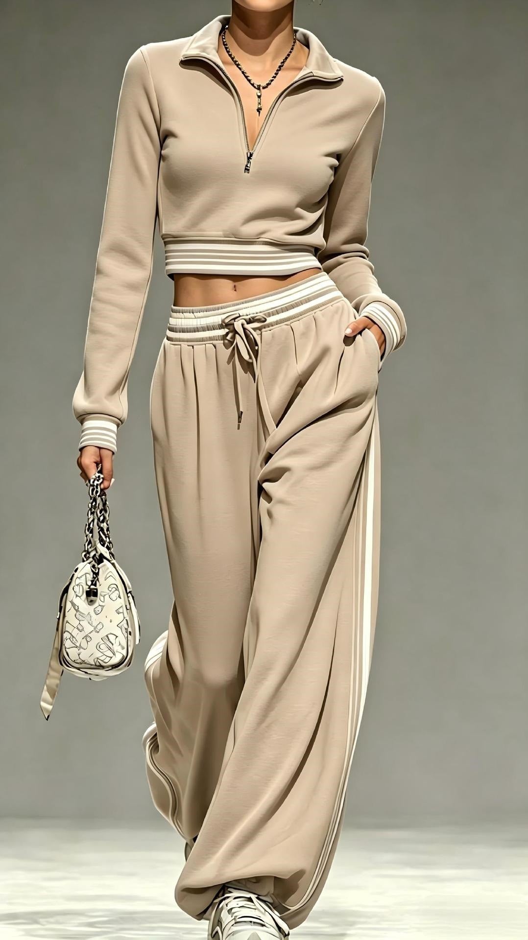 Women Cropped Training Set with Half Zipper Collar and Wide Pleated Jogger Mune Fashion