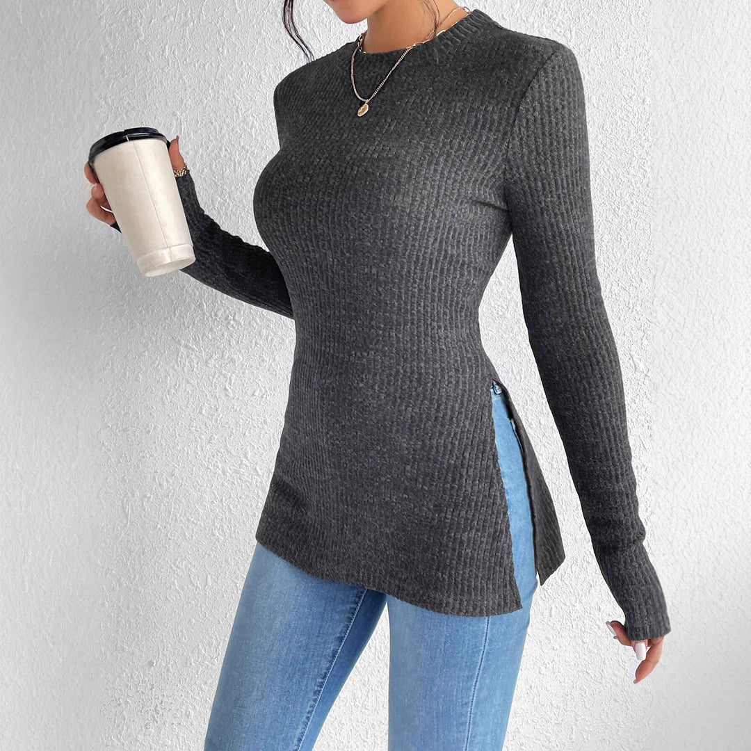 Women Ribbed Long Sleeve Shirt with Side Slit and Fitted Cut Mune Fashion