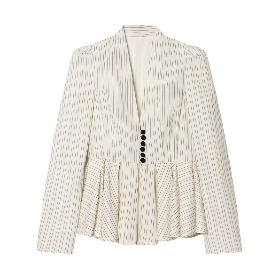 Ladies Tailored Pinstripe Blazer with Shawl Collar and Peplum Mune Fashion