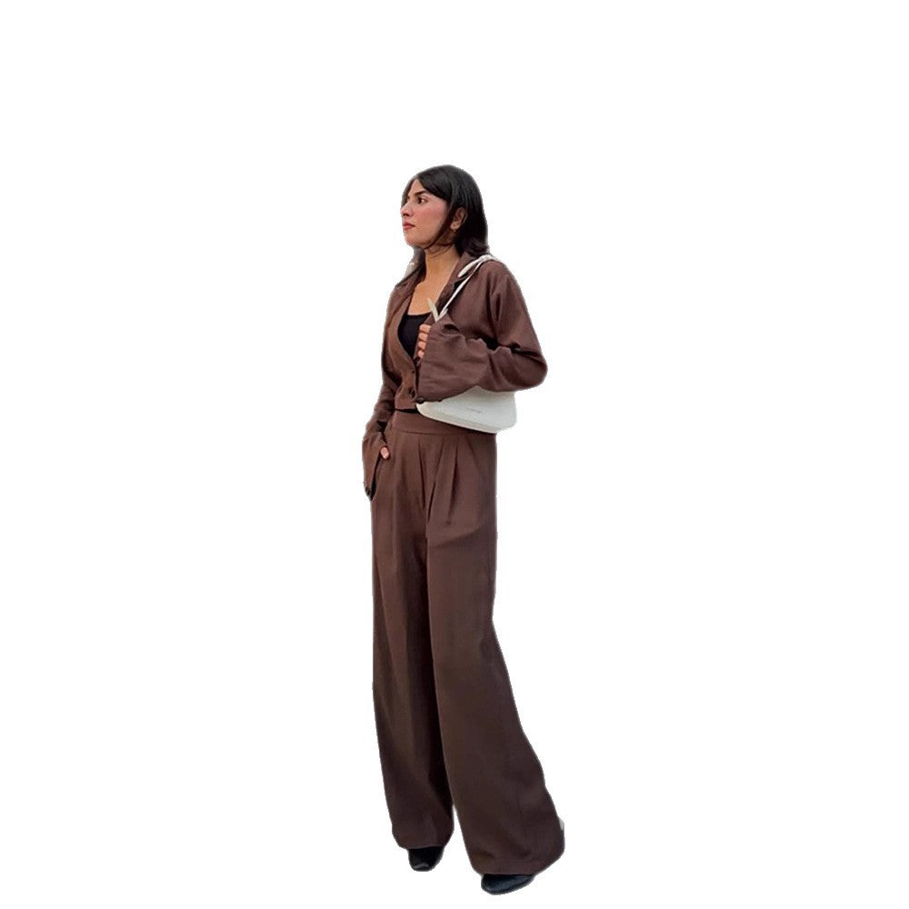 Women Two-Piece Tailoring Set Short Blazer with Bell Sleeves and High-Waist Palazzo Pants Mune Fashion