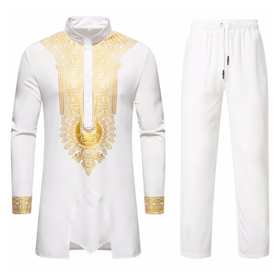Men's Traditional Tunic Set with Stand-Up Collar and Gold Ornament Print, Long Shirt & Drawstring Pants Mune Fashion